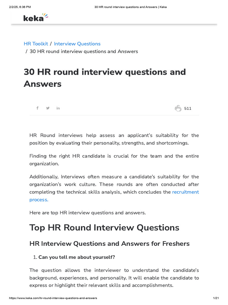 30 HR Round Interview Questions and Answers - Keka | PDF | Employee ...