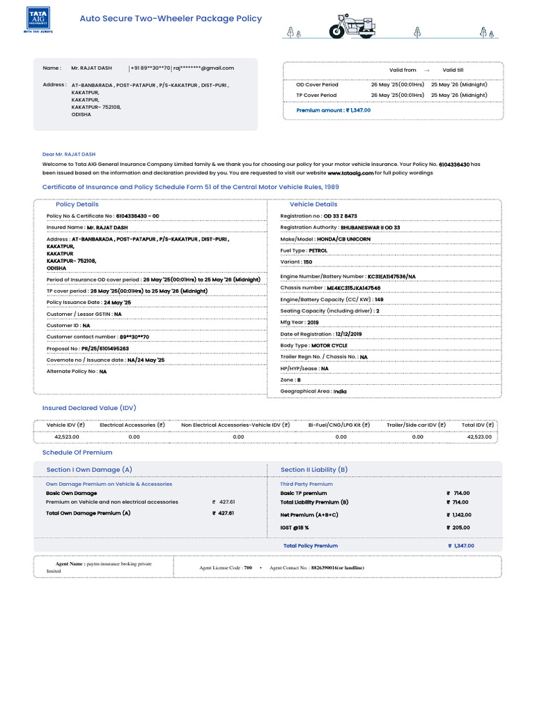 Certificate of Insurance and Policy Schedule Form 51 of The Central ...