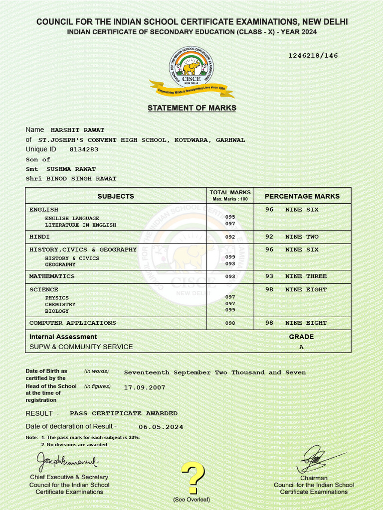 ICSE Marks Statement for Harshit Rawat | PDF | Student Assessment And ...