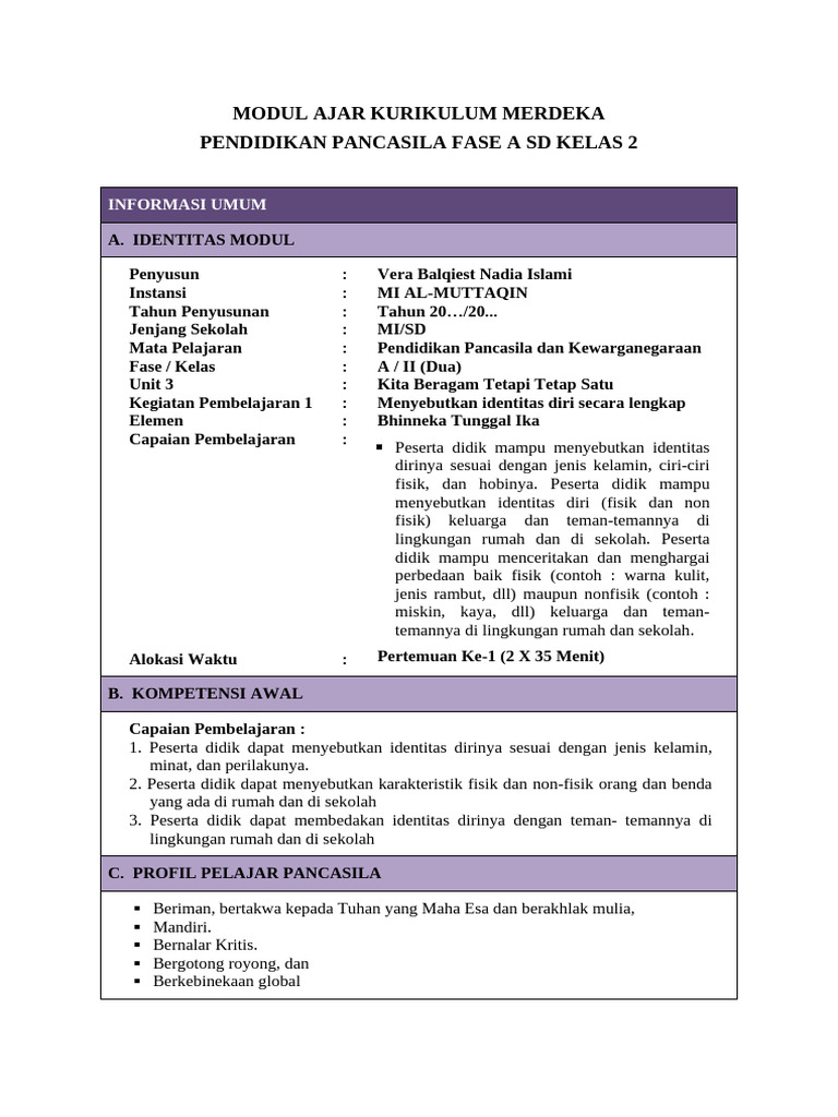 Modul Ajar PPKn Kelas 2 SD Fase A | PDF