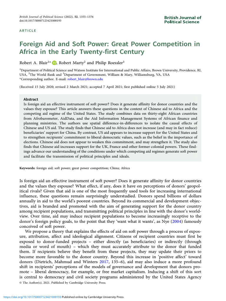 Foreign Aid and Soft Power Great Power Competition in Africa in The ...