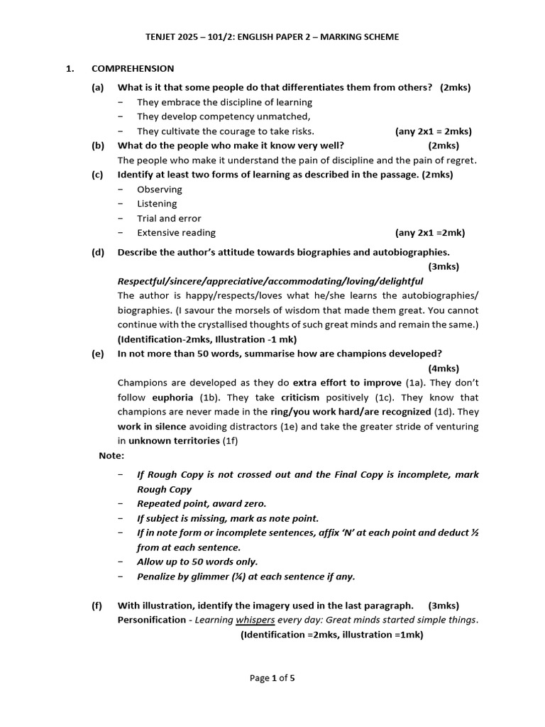 TENJET 2025 English Paper 2 Marking Guide | PDF