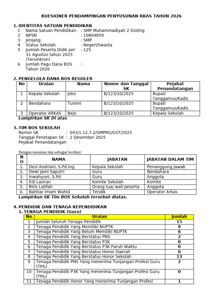 Kuesioner RKAS SMP Muhammadiyah 2026 | PDF