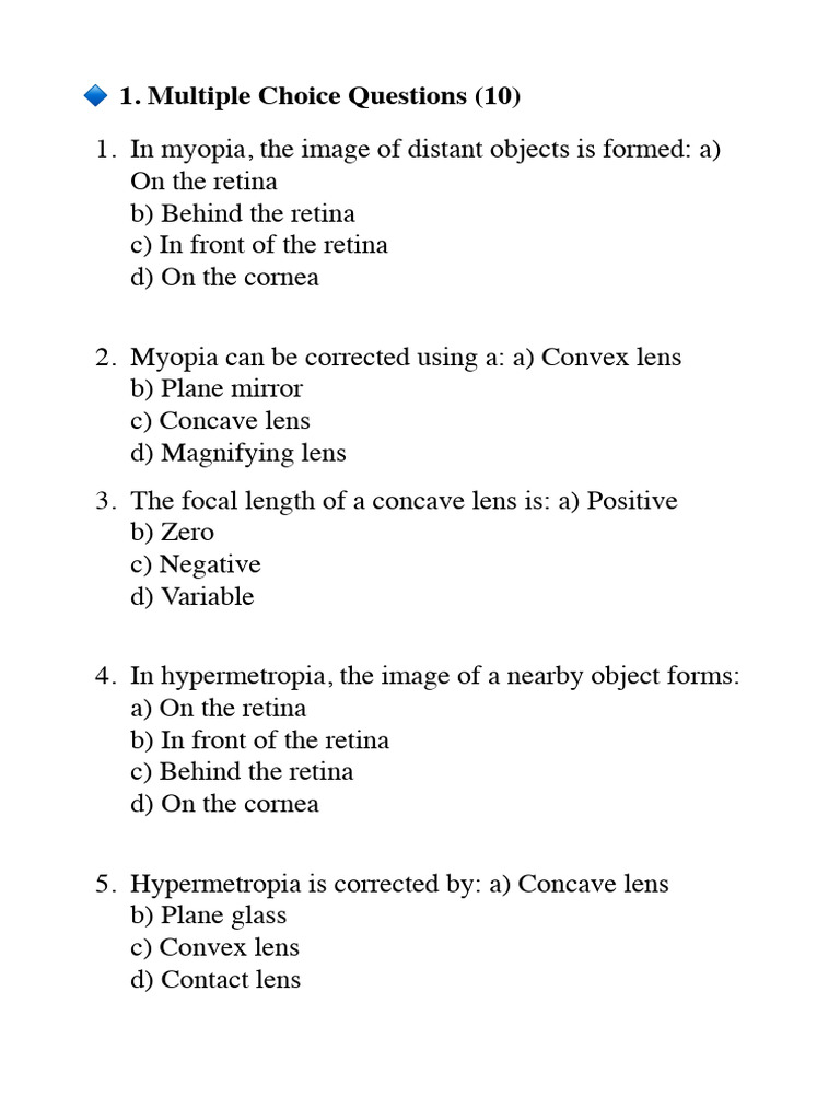 Vision Defects: Myopia & Hypermetropia Quiz | PDF | Myopia | Optics