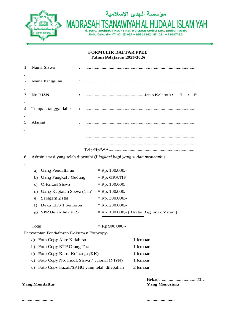 Formulir PPDB 2025.2026 Mts Yahdi | PDF