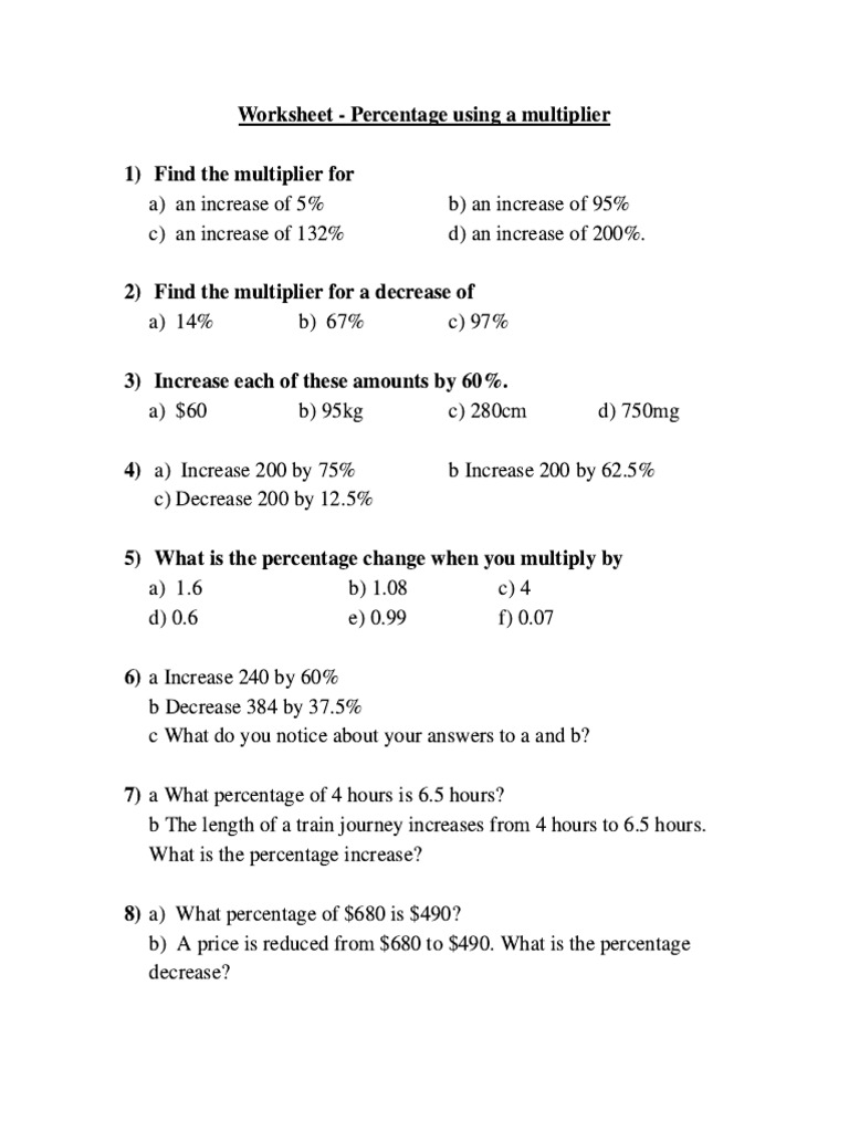 Percentage Increase and Decrease Worksheet | PDF