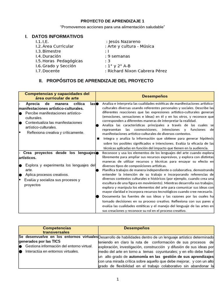 Proyecto de Aprendizaje 1° | PDF | Ritmo | Aprendizaje