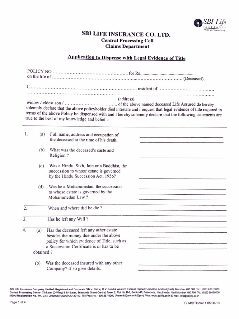 SBI Life Insurance Legal Evidence Application | PDF | Indemnity | Life ...