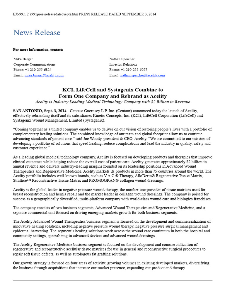 Acelity Launch: Medical Tech Merger | PDF | Medical Specialties ...