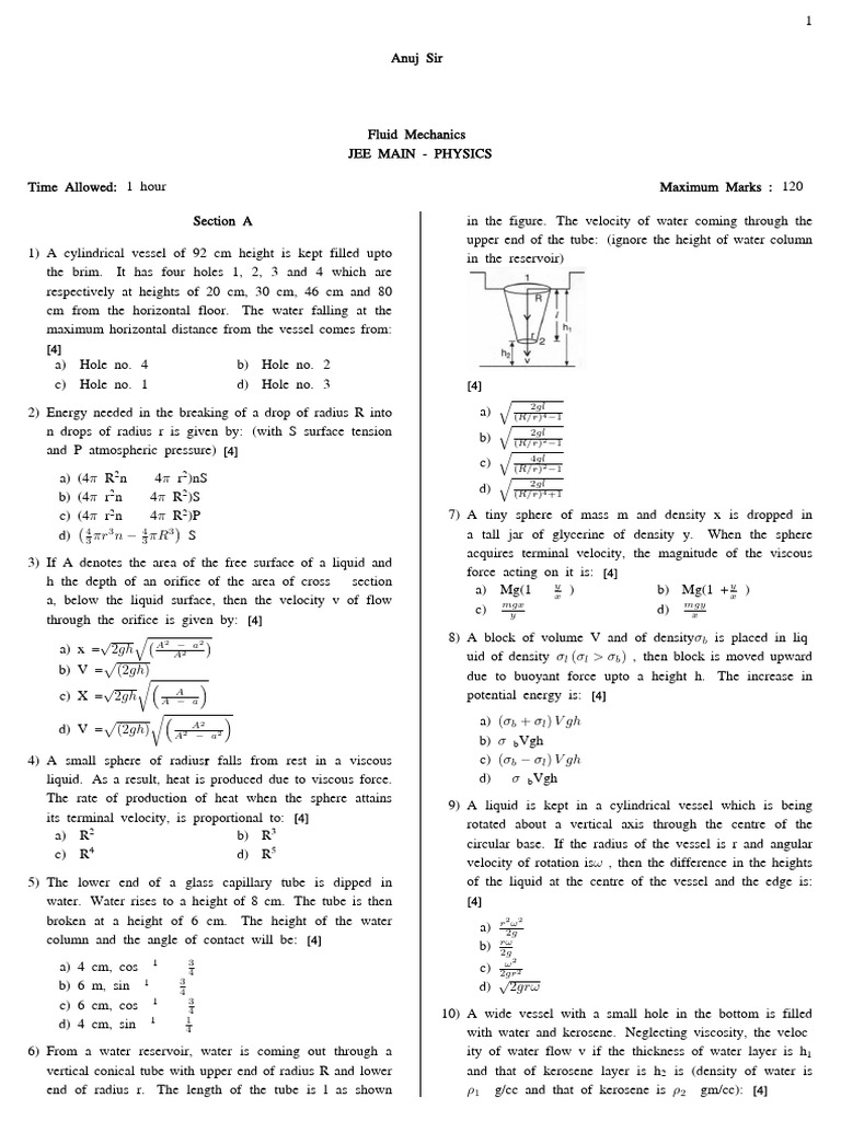 Fluid Mechanics JEE Main Practice Questions | PDF | Liquids | Drop (Liquid)
