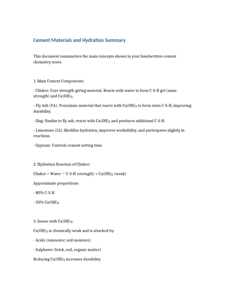 Cement Hydration and Component Overview | PDF