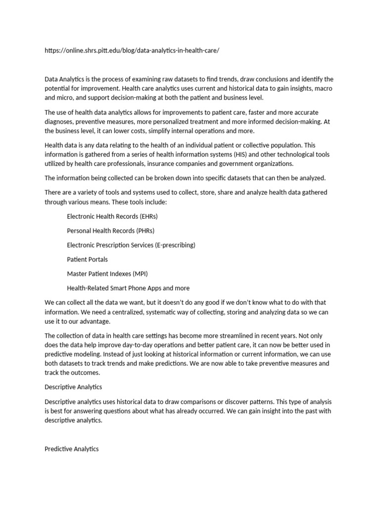 Health Data Analytics Overview | PDF | Analytics | Data Analysis