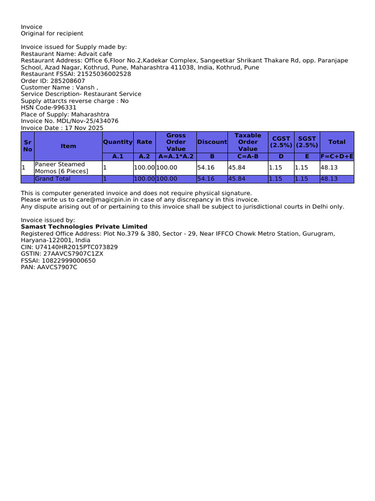 Order Invoice 285208607 | PDF