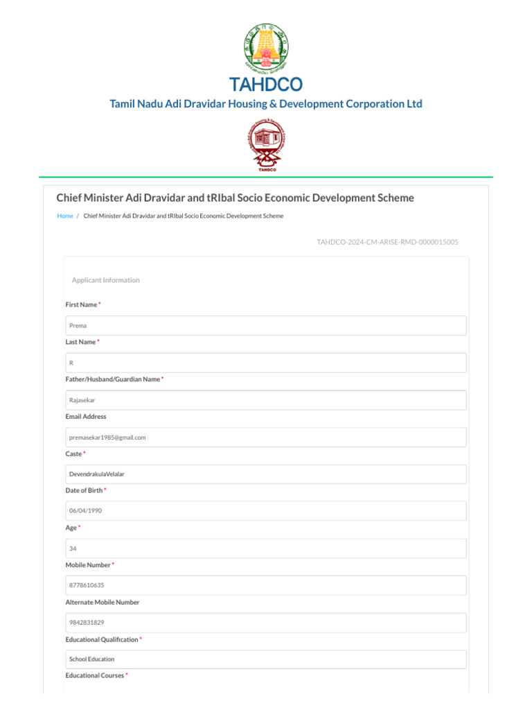 TAHDCO CM Adi Dravidar Scheme Application | PDF