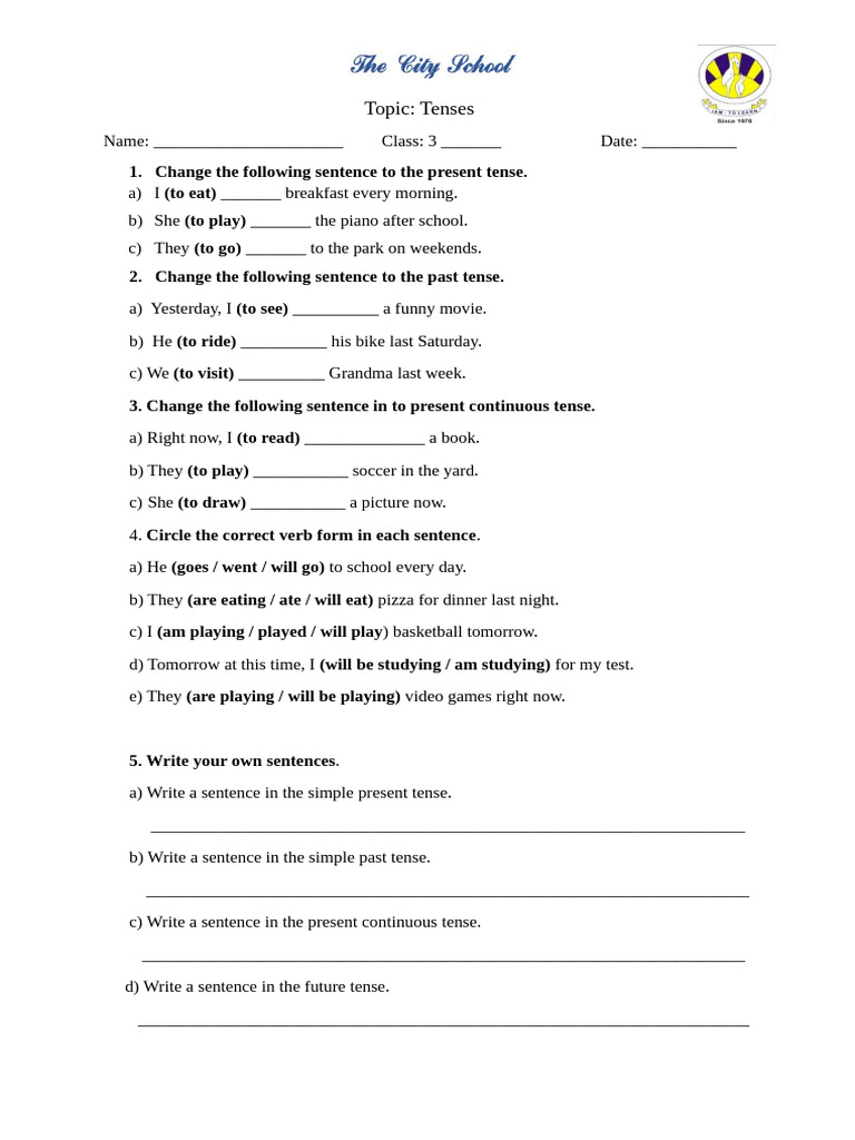 Tenses Practice Worksheet for Kids | PDF