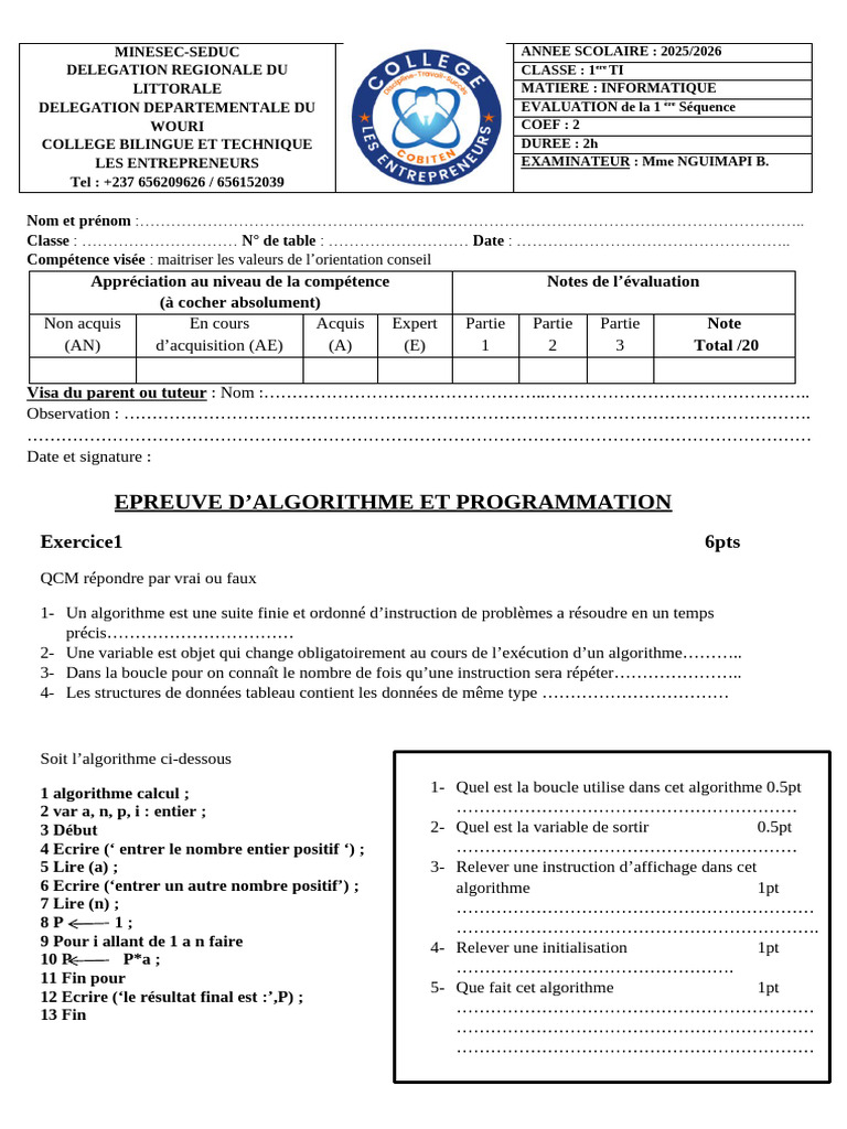 Évaluation d'Algorithmique et Programmation | PDF | Structure de ...