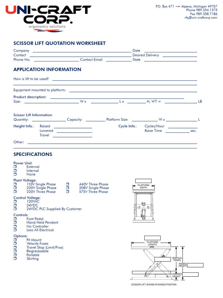 Hydraulic Scissor Lift Quote Request Sheet | PDF | Mains Electricity ...