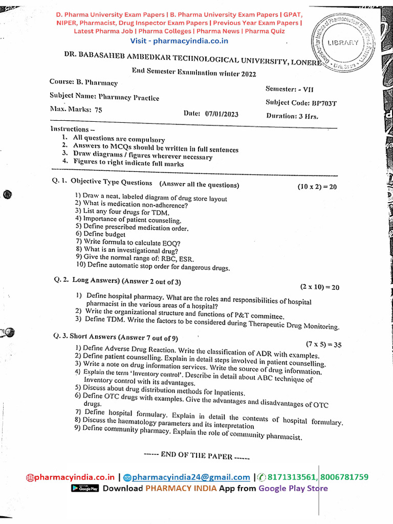 Pharma Practice DBATU 7th Sem Winter 2022 | PDF