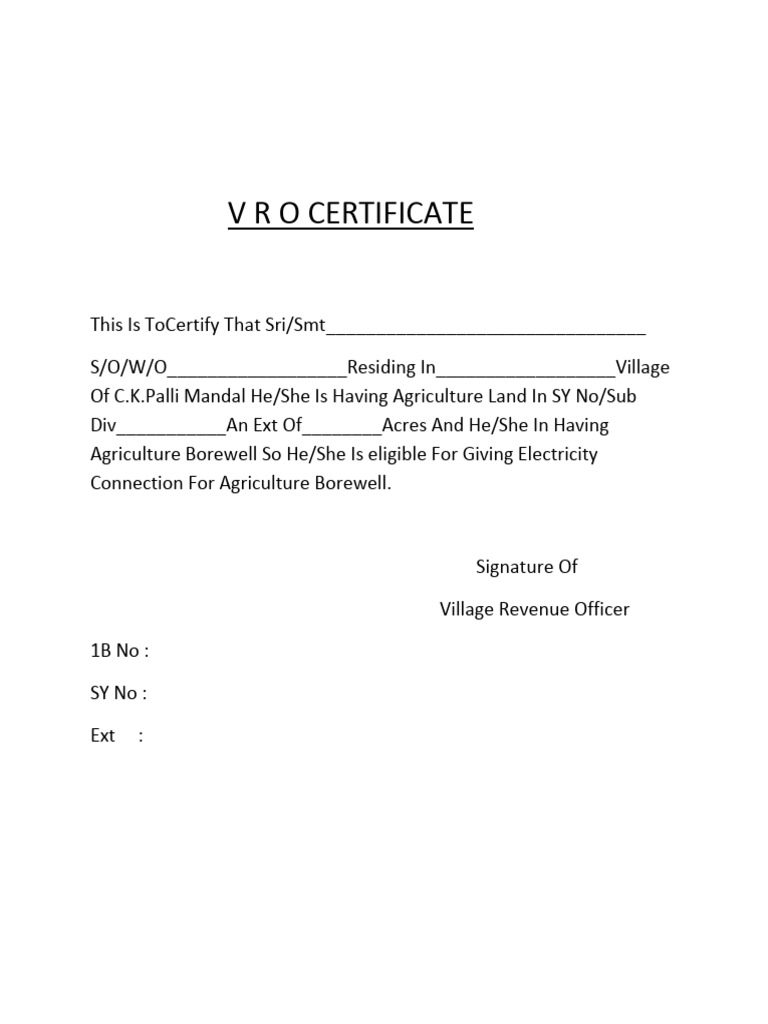 VRO Certificate for Agriculture Borewell | PDF