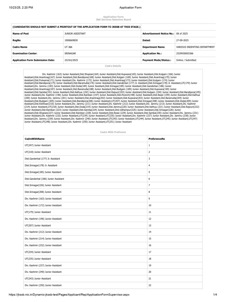 J&K Junior Assistant Application Form | PDF | Educational Stages ...