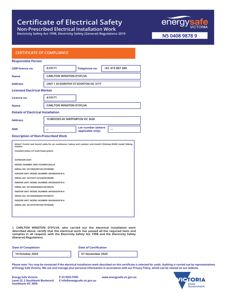 Electrical Compliance Certificate VIC | PDF | Electrical Wiring ...