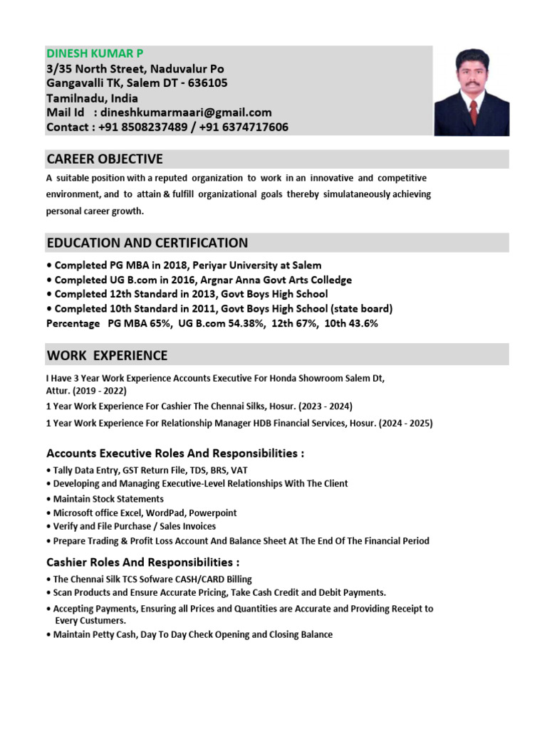 Dinesh Kumar P: Resume & Career Overview | PDF | Invoice | Money