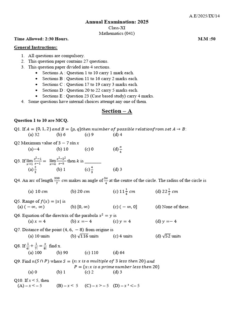 Class XI Mathematics Annual Exam 2025 | PDF | Euclidean Plane Geometry ...