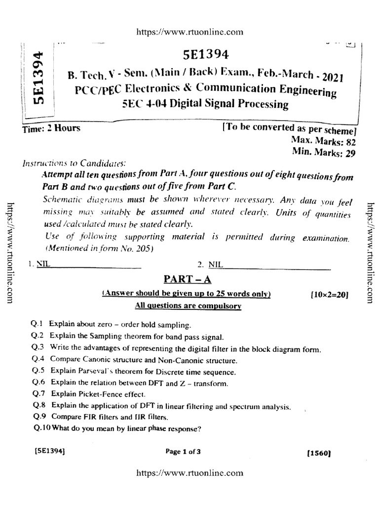 Btech Ec 5 Sem Digital Signal Processing 5e1394 Mar 2021 | PDF