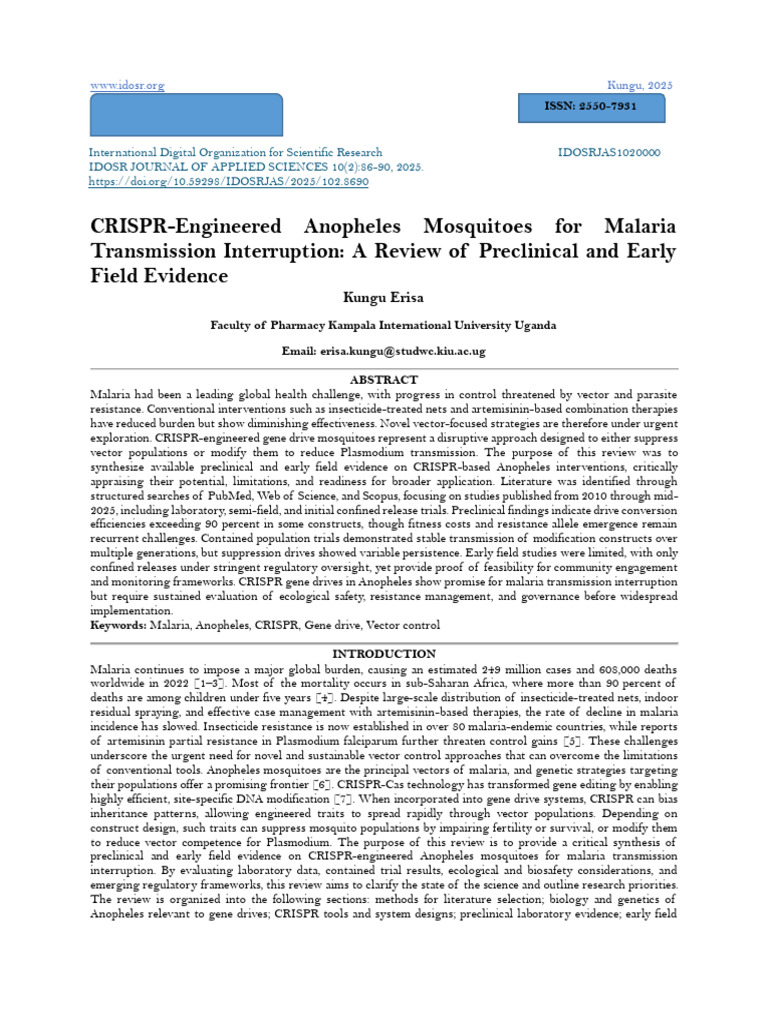 CRISPR Mosquitoes for Malaria Control | PDF | Malaria | Biology