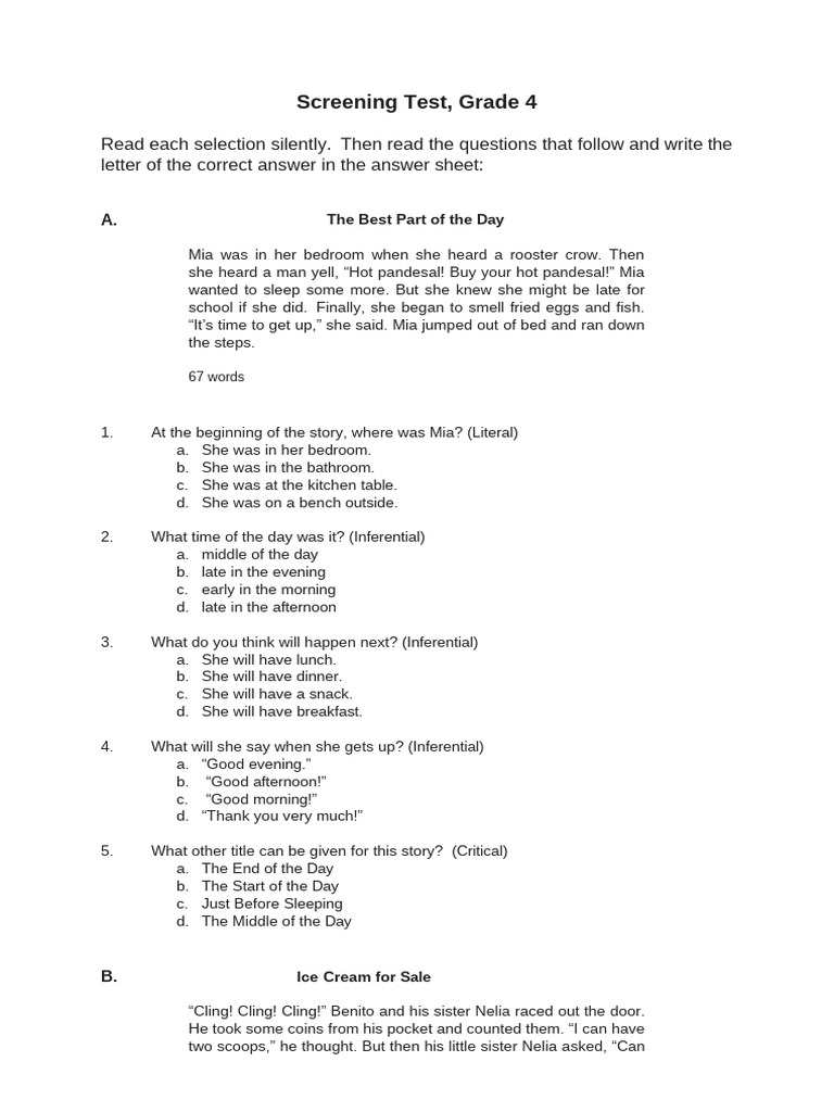 Grade 4 Reading Comprehension Test | PDF