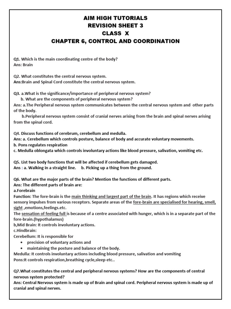 Control and Coordination in Class X | PDF | Central Nervous System ...