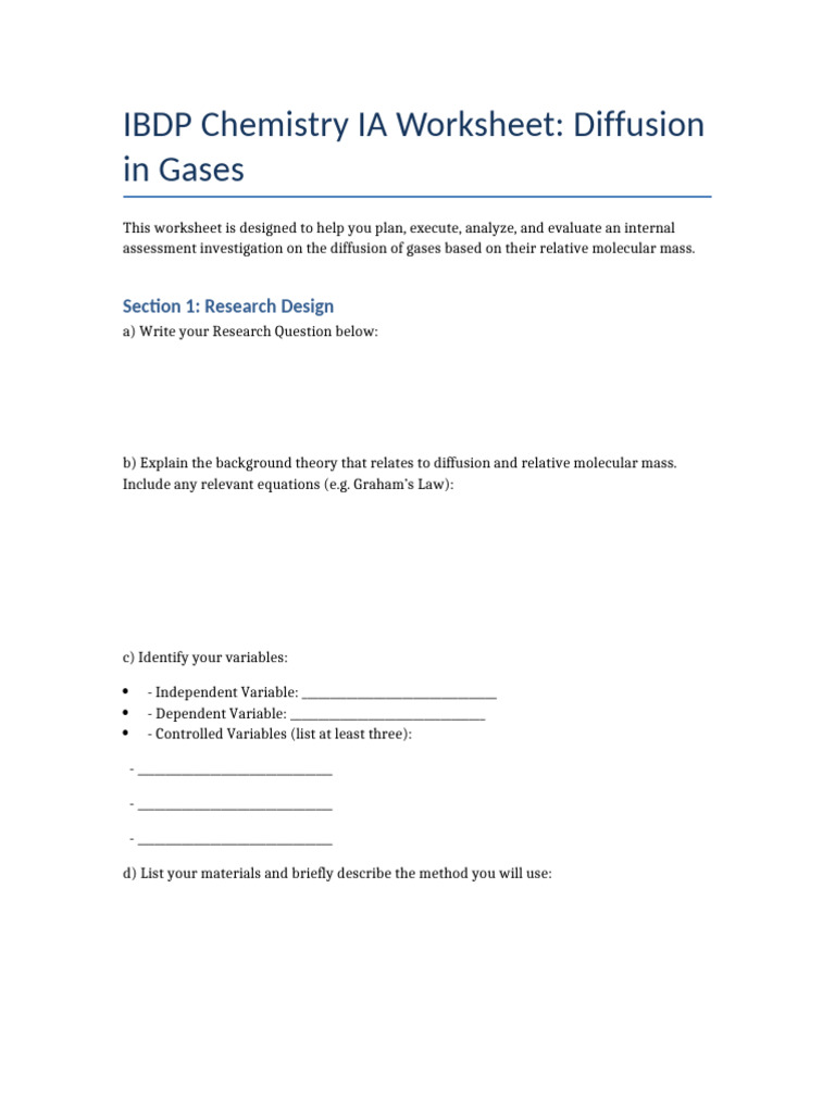 IBDP Chemistry IA: Gas Diffusion Worksheet | PDF