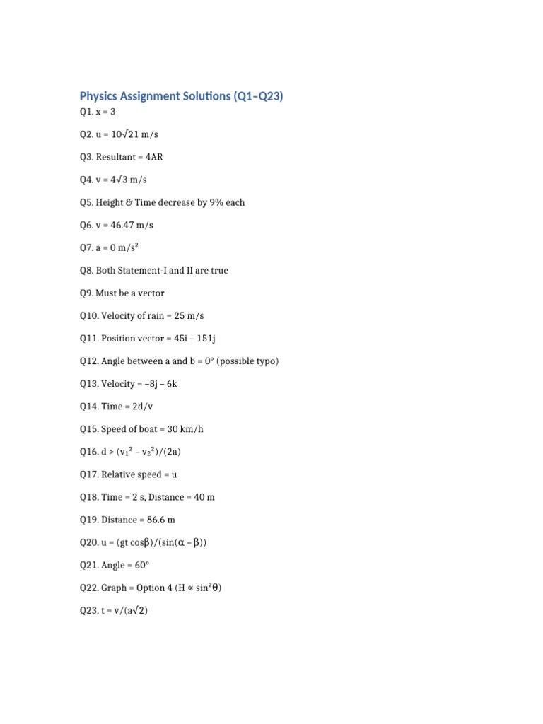 Physics Assignment Q1 To Q23 Solutions | PDF