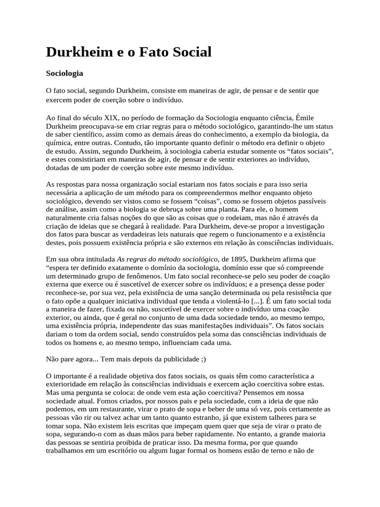 Fatos Sociais: Conceito e Características | PDF | Sociologia | Émile ...
