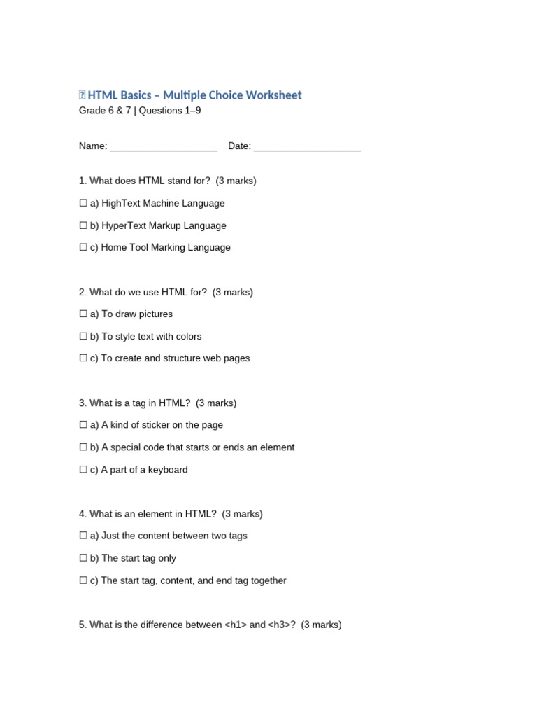 HTML Quiz Grade6 7 | PDF