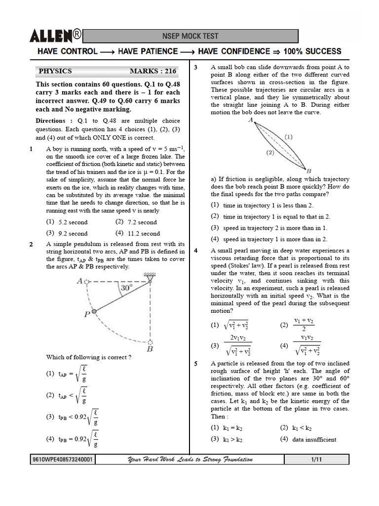Physics MCQ Exam with 60 Questions | PDF | Force | Rotation Around A ...