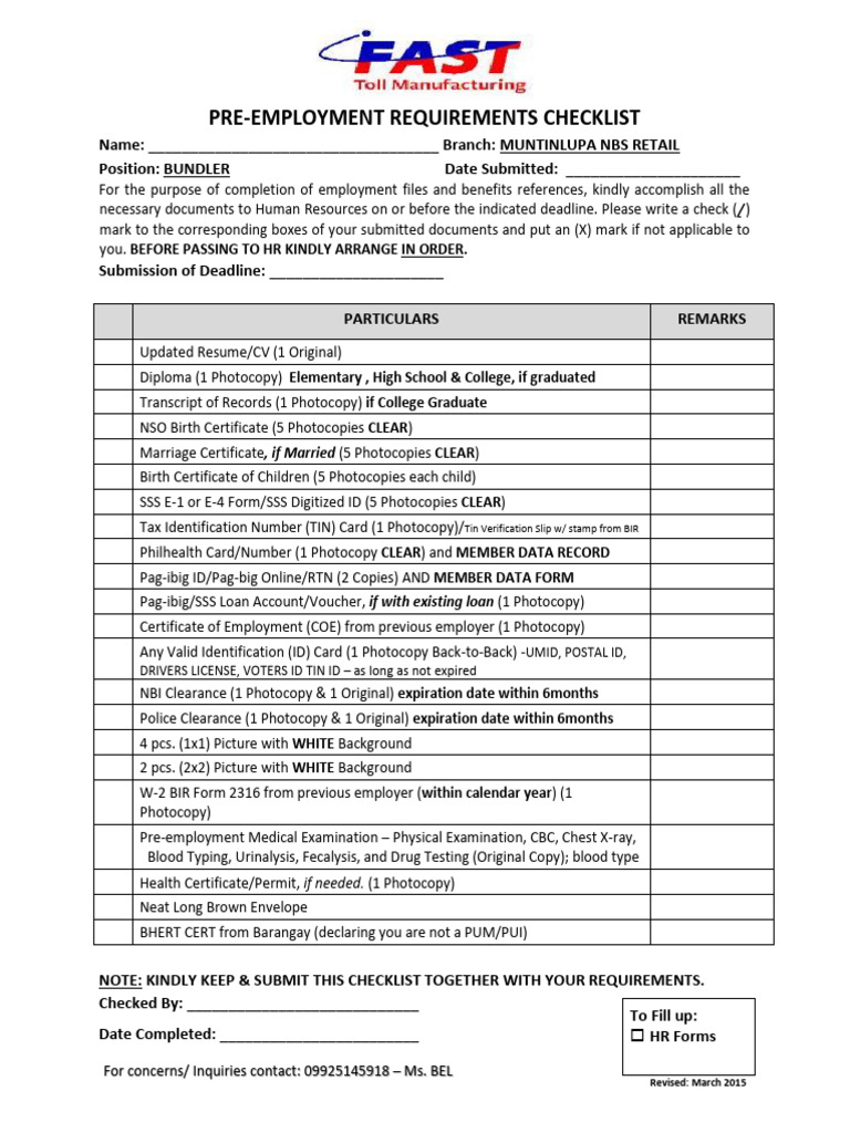 Pre-Employment Requirements Checklist | PDF | Identity Document