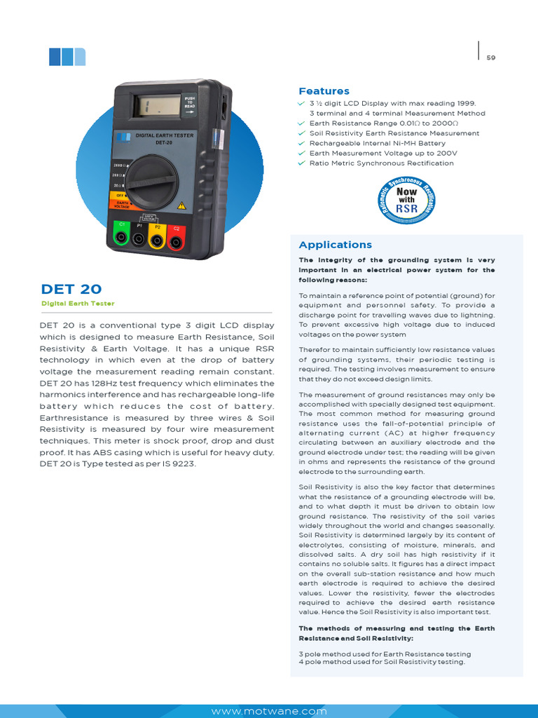 DET 20 Earth Resistance Tester Guide | PDF | Electrical Resistivity And ...