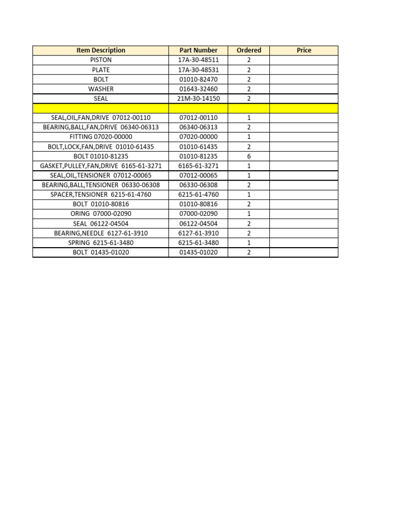Engine Parts Inventory List | PDF
