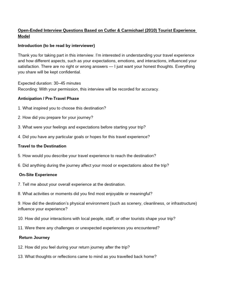 Tourist Experience Interview Questions | PDF | Experience | Thought