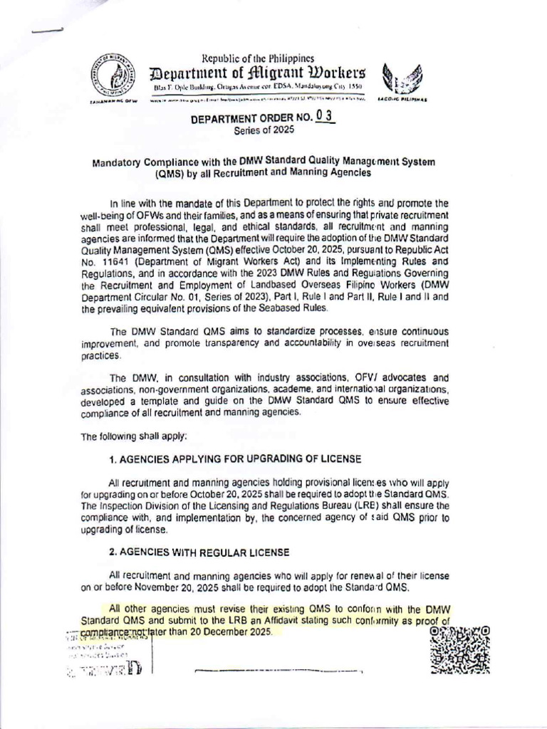 DMW DO 03-2025 - Mandatory Compliance With The DMW Standard QMS by All ...