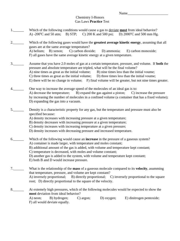 Gas Laws Practice Test | PDF | Gases | Pressure