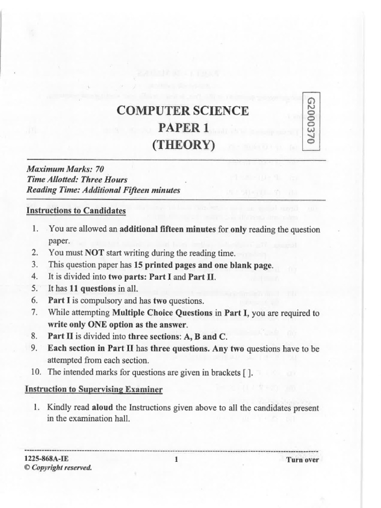 868a Computer Science Paper 1 (Theory) - Ie | PDF