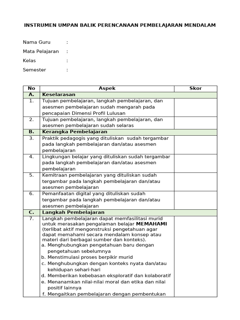 Format Telaah Rpp Pm-template | PDF