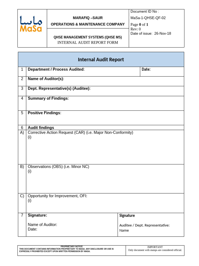 MaSa-1-QHSE-QF-02 MaSa Internal Audit Report Format | PDF