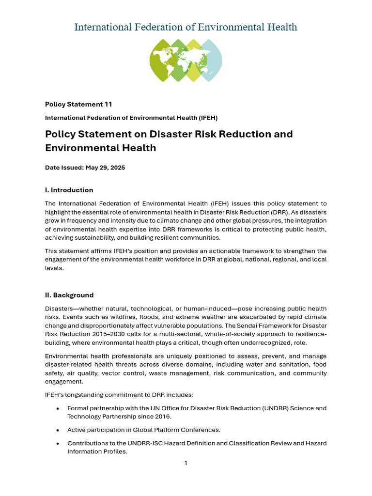 IFEH Policy on Environmental Health & DRR | PDF | Disaster Risk ...