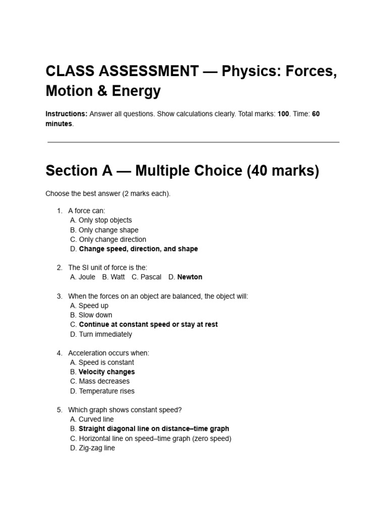 Physics Assessment: Forces & Motion Test | PDF | Force | Mass
