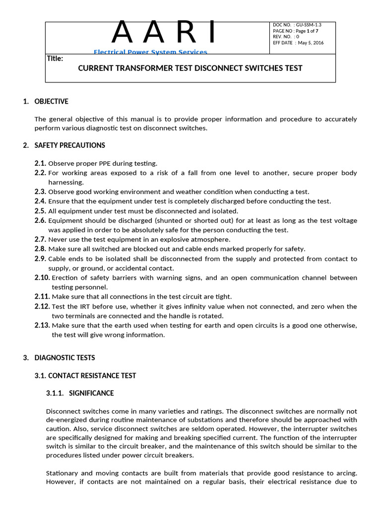 Disconnect Switch Testing Procedures | PDF | Switch | Insulator ...