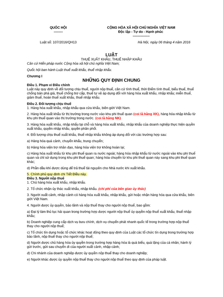 Luật Thuế XNK 2016 | PDF