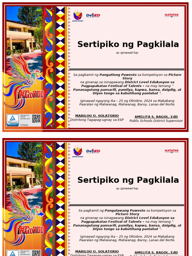ESP FESTIVAL OF TALENTS CERTIFICATE Recognition | PDF